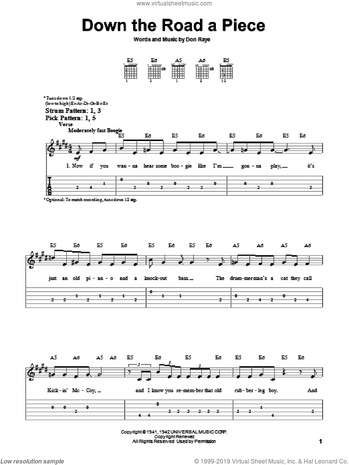 Down The Road A Piece sheet music for guitar solo (easy tablature) by Chuck Berry and Don Raye, easy guitar (easy tablature)