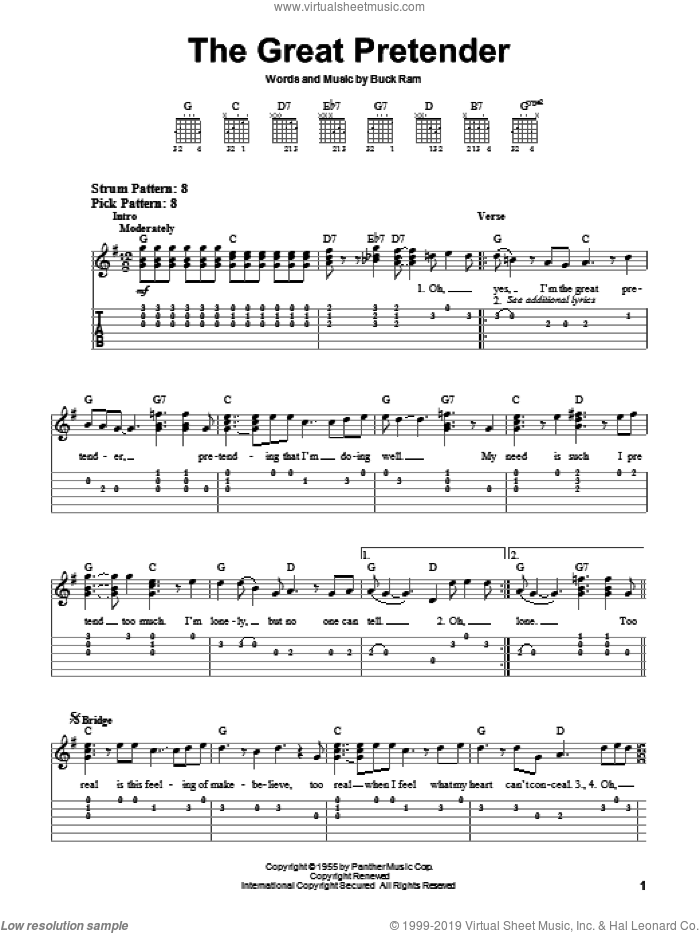 The Great Pretender sheet music for guitar solo (easy tablature) by The Platters and Buck Ram, easy guitar (easy tablature)