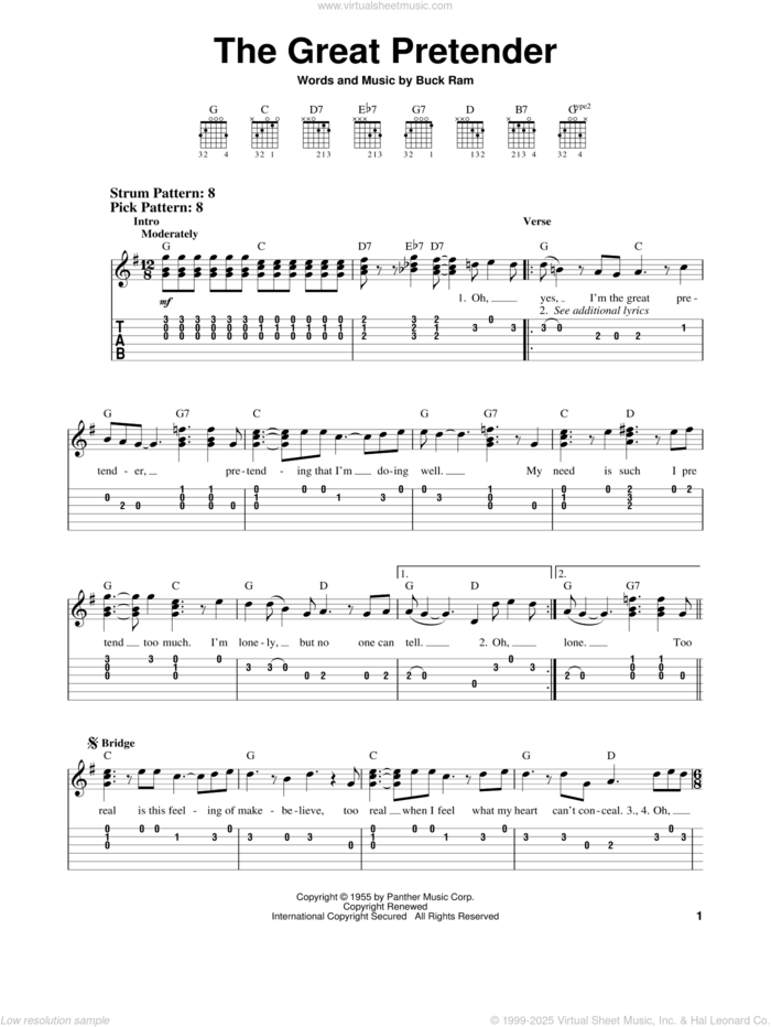 The Great Pretender sheet music for guitar solo (easy tablature) by The Platters and Buck Ram, easy guitar (easy tablature)
