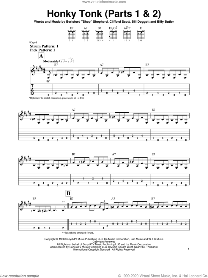 Honky Tonk (Parts 1 and 2) sheet music for guitar solo (easy tablature) by Billy Butler, Berisford Shepherd, Bill Doggett and Clifford Scott, easy guitar (easy tablature)