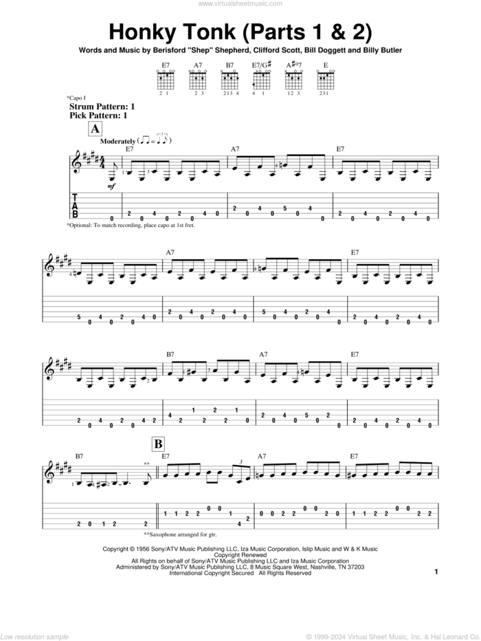 Honky Tonk (Parts 1 and 2) sheet music for guitar solo (easy tablature) by Billy Butler, Berisford Shepherd, Bill Doggett and Clifford Scott, easy guitar (easy tablature)