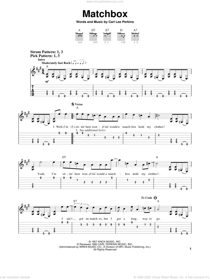 Matchbox sheet music for guitar solo (easy tablature) by Carl Perkins and The Beatles, easy guitar (easy tablature)