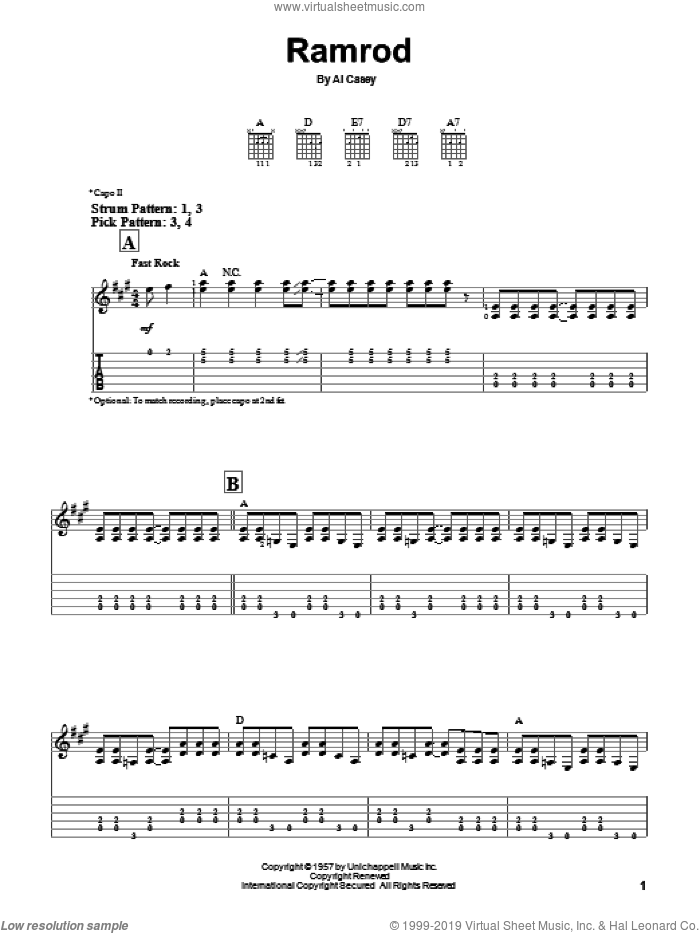 Ramrod sheet music for guitar solo (easy tablature) by Duane Eddy and Al Casey, easy guitar (easy tablature)