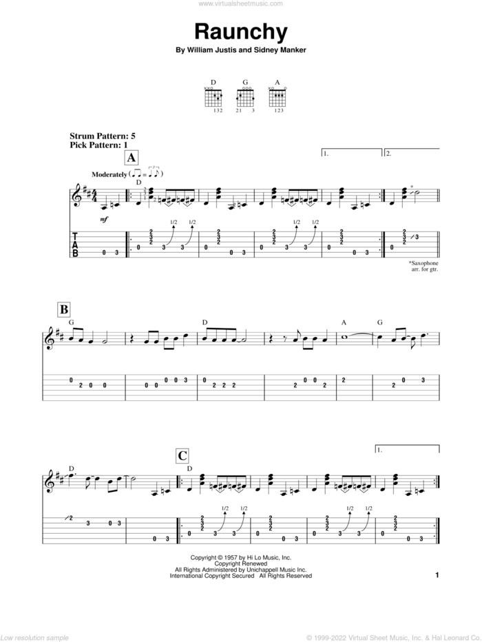 Raunchy sheet music for guitar solo (easy tablature) by Bill Justis, Sidney Manker and William Justis, easy guitar (easy tablature)