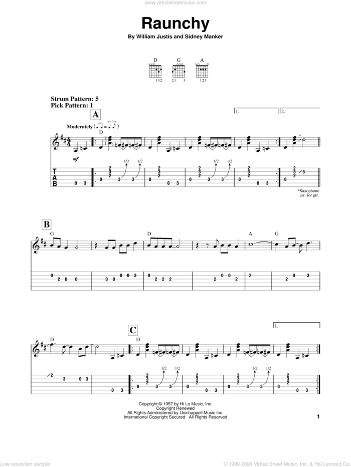 Raunchy sheet music for guitar solo (easy tablature) by Bill Justis, Sidney Manker and William Justis, easy guitar (easy tablature)