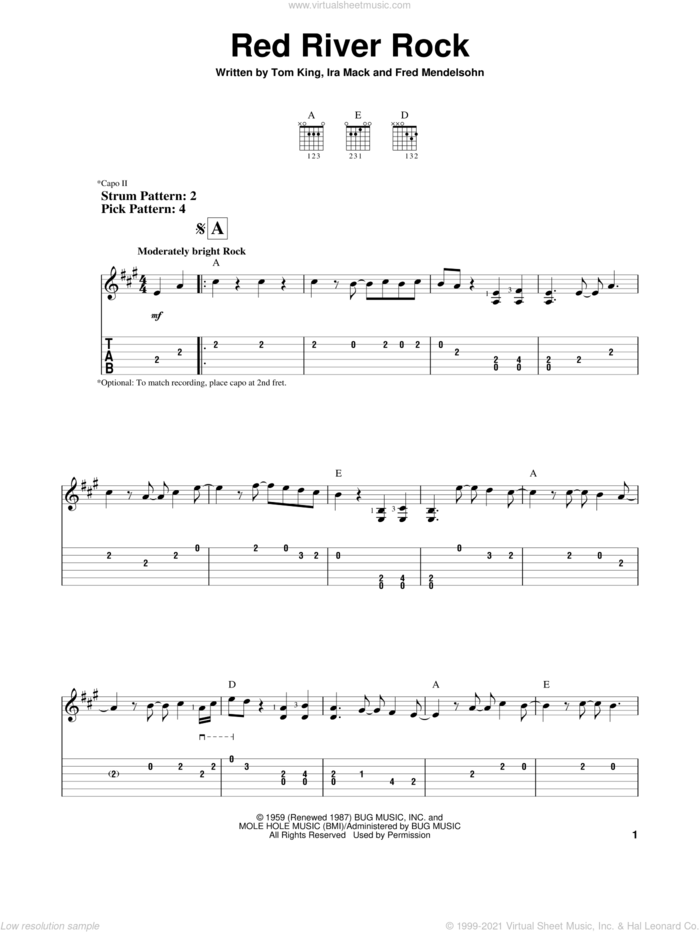Red River Rock sheet music for guitar solo (easy tablature) by Johnny & The Hurricanes, Fred Mendelsohn, Ira Mack and Tom King, easy guitar (easy tablature)