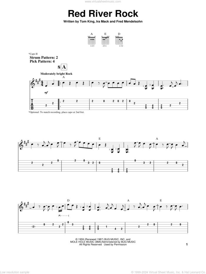 Red River Rock sheet music for guitar solo (easy tablature) by Johnny & The Hurricanes, Fred Mendelsohn, Ira Mack and Tom King, easy guitar (easy tablature)