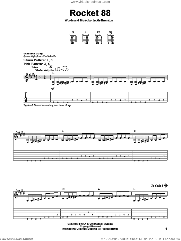 Rocket 88 sheet music for guitar solo (easy tablature) by Jackie Brenston, easy guitar (easy tablature)