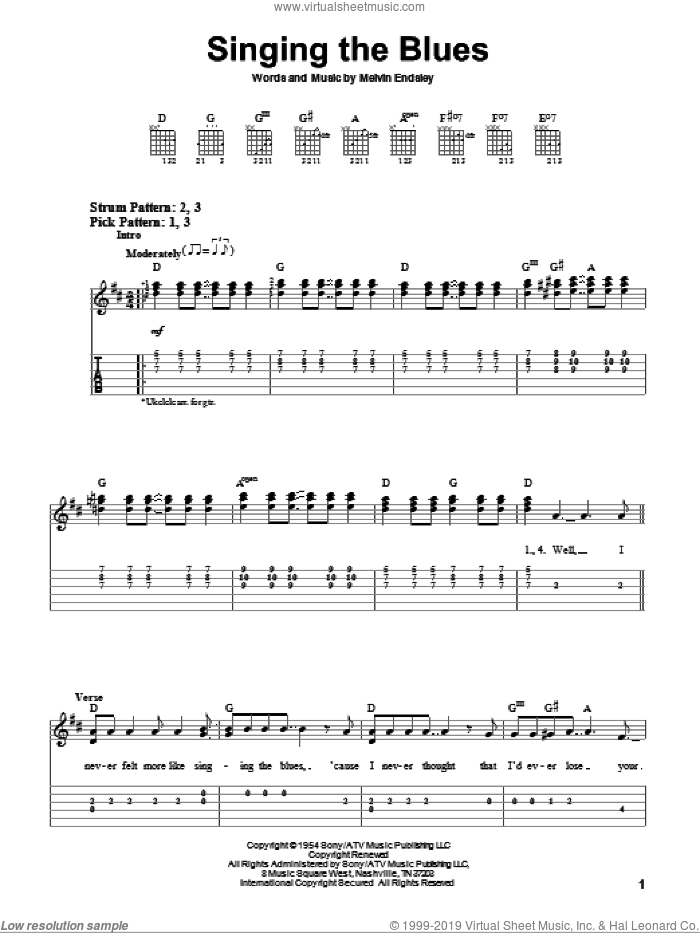 Singing The Blues sheet music for guitar solo (easy tablature) by Guy Mitchell, Marty Robbins and Melvin Endsley, easy guitar (easy tablature)