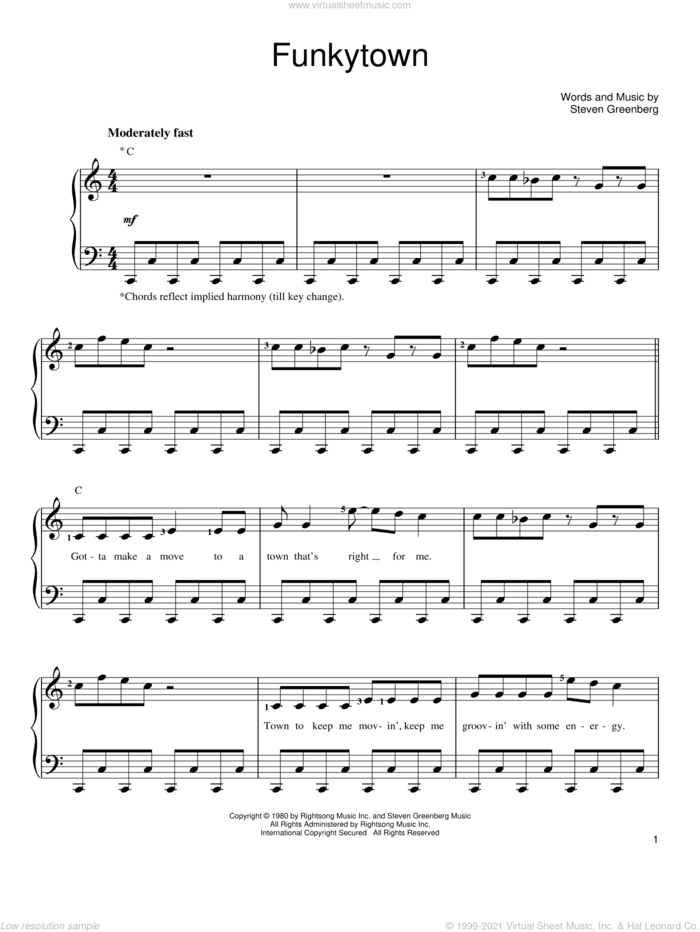 Funkytown sheet music for piano solo by Lipps Inc., Shrek 2 (Movie) and Steven Greenberg, easy skill level