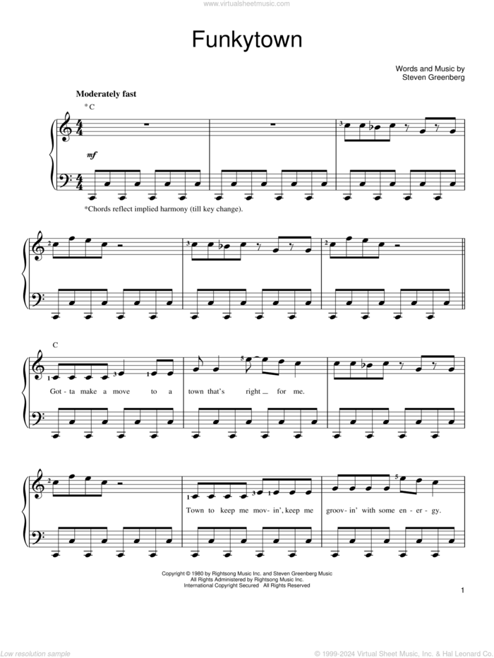 Funkytown sheet music for piano solo by Lipps Inc., Shrek 2 (Movie) and Steven Greenberg, easy skill level