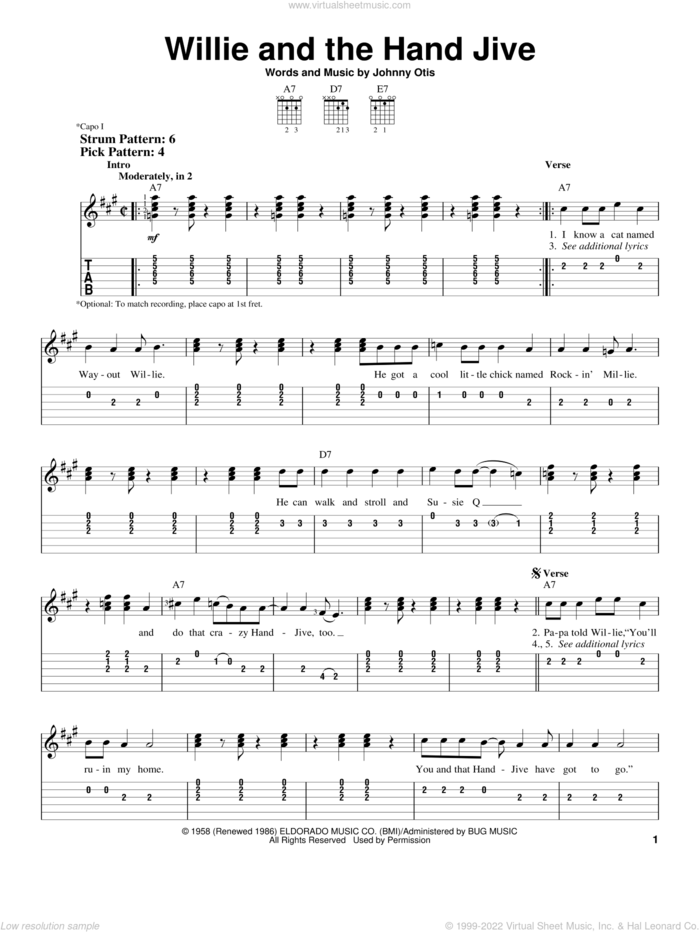 Willie And The Hand Jive sheet music for guitar solo (easy tablature) by Johnny Otis and Eric Clapton, easy guitar (easy tablature)