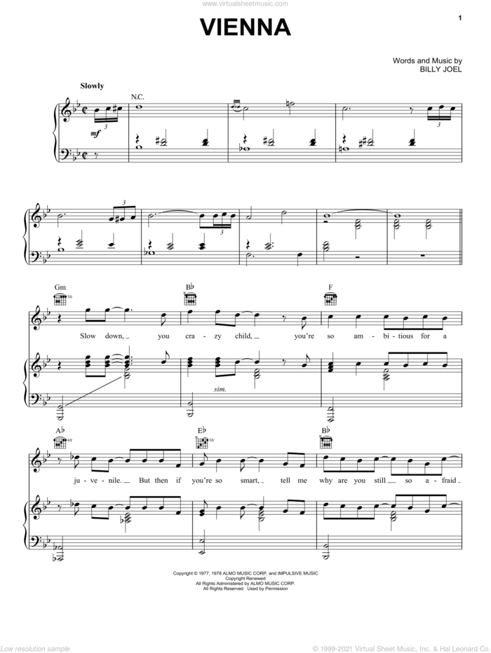 Vienna sheet music for voice, piano or guitar by Billy Joel, intermediate skill level