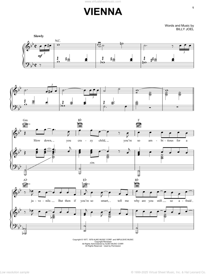 Vienna sheet music for voice, piano or guitar by Billy Joel, intermediate skill level