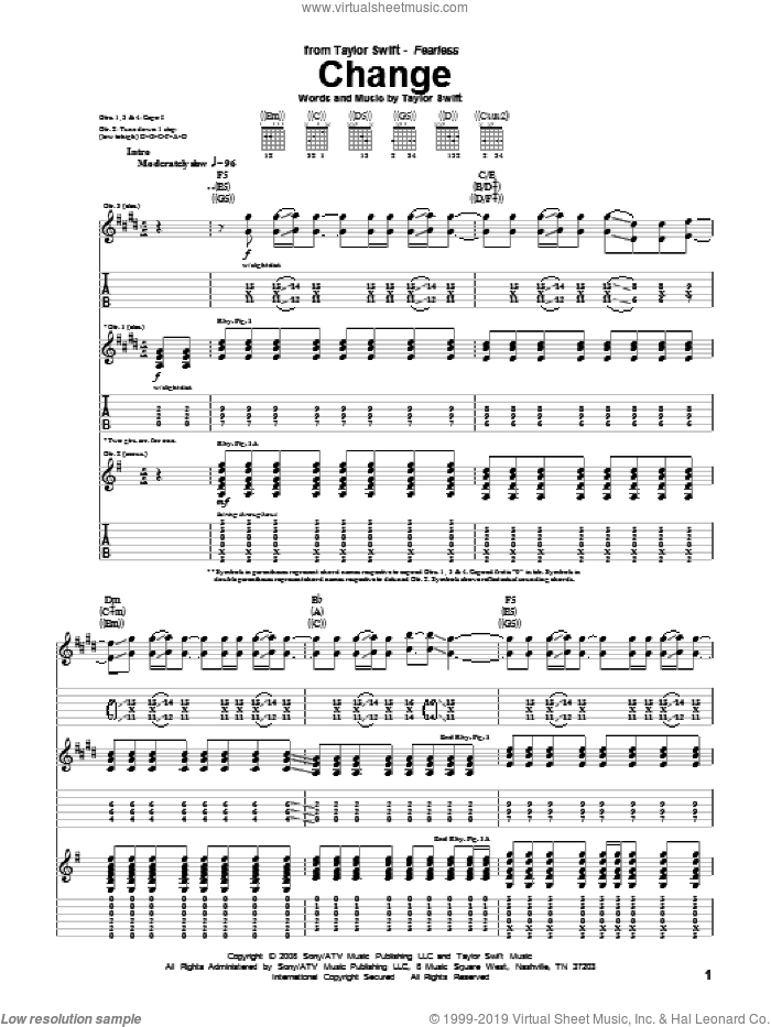 Change sheet music for guitar (tablature) by Taylor Swift, intermediate skill level