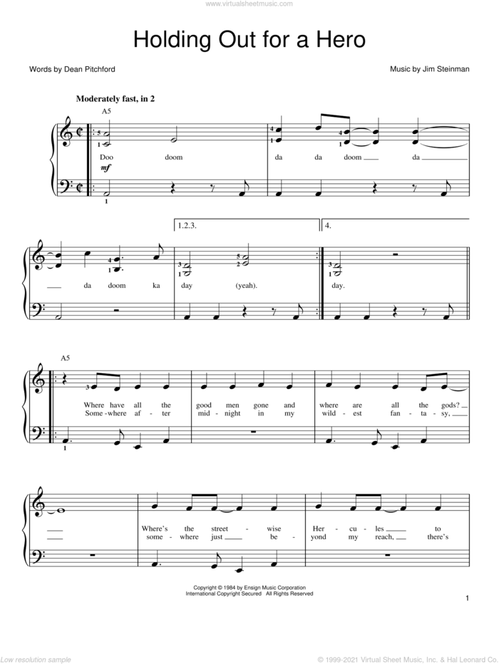 Holding Out For A Hero sheet music for piano solo by Bonnie Tyler, Footloose (Movie), Frou Frou, Dean Pitchford and Jim Steinman, easy skill level