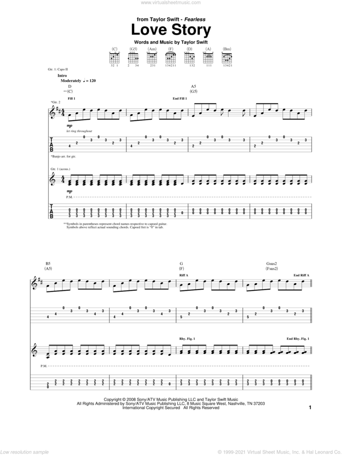 Love Story sheet music for guitar (tablature) by Taylor Swift, intermediate skill level