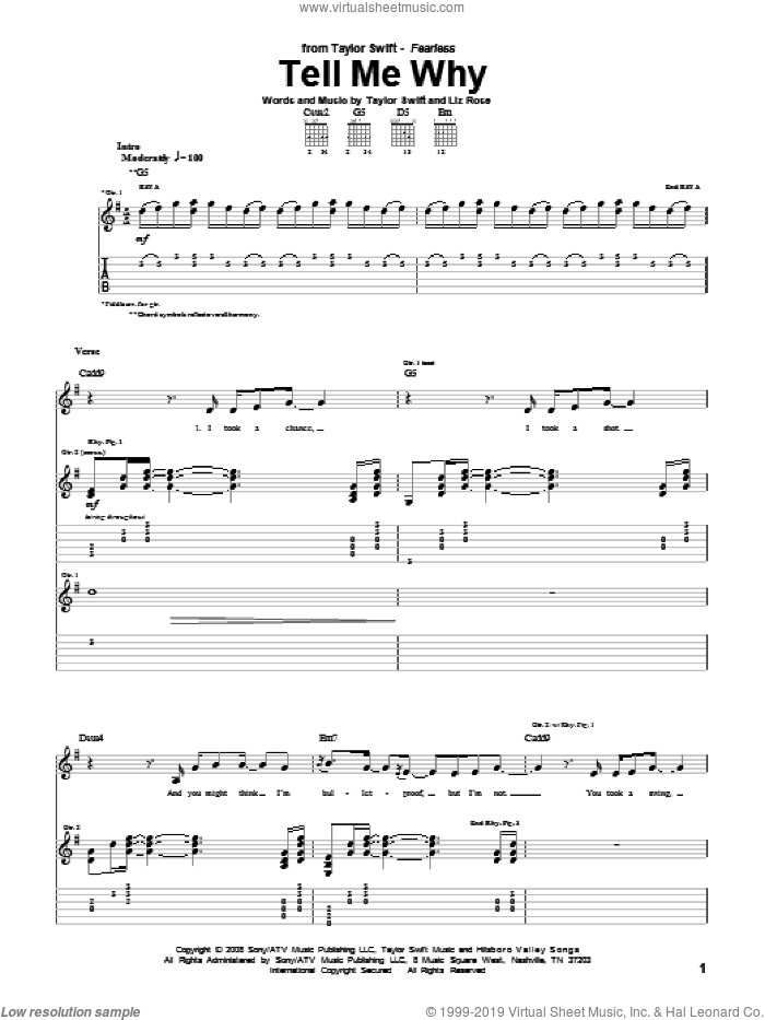 Tell Me Why sheet music for guitar (tablature) by Taylor Swift and Liz Rose, intermediate skill level