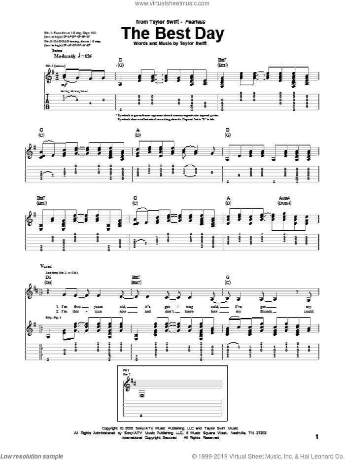 The Best Day sheet music for guitar (tablature) by Taylor Swift, intermediate skill level