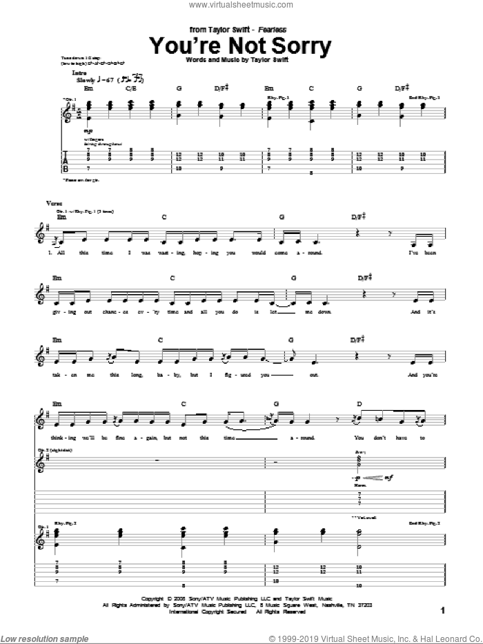 You're Not Sorry sheet music for guitar (tablature) by Taylor Swift, intermediate skill level