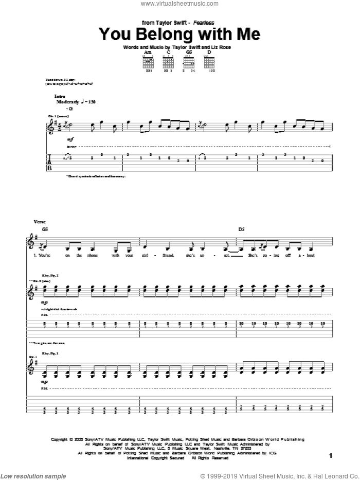 You Belong With Me sheet music for guitar (tablature) by Taylor Swift and Liz Rose, intermediate skill level