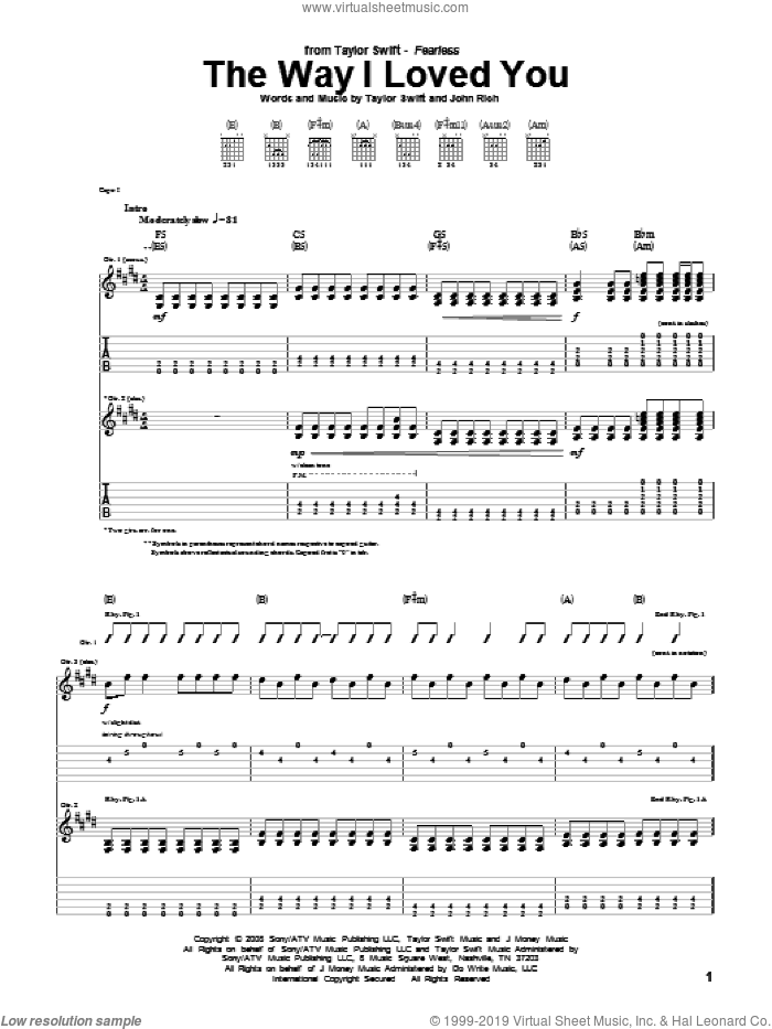 The Way I Loved You sheet music for guitar (tablature) by Taylor Swift and John Rich, intermediate skill level