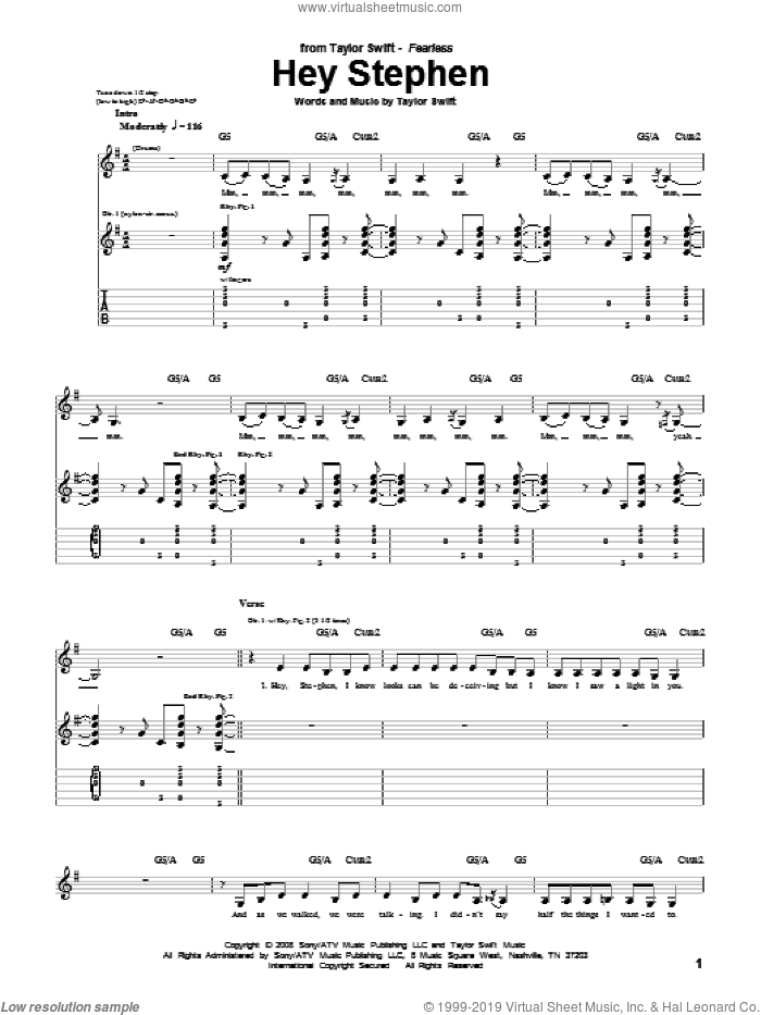 Hey Stephen sheet music for guitar (tablature) by Taylor Swift, intermediate skill level