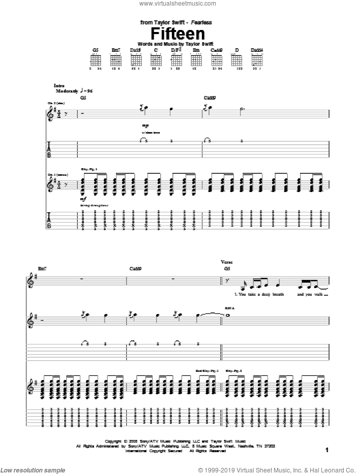Fifteen sheet music for guitar (tablature) by Taylor Swift, intermediate skill level