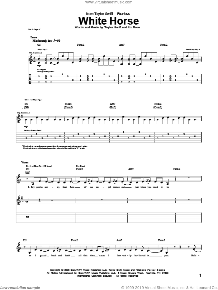 White Horse sheet music for guitar (tablature) by Taylor Swift and Liz Rose, intermediate skill level