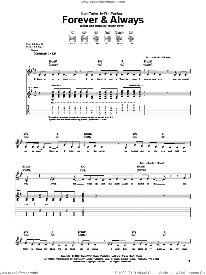 Forever and Always sheet music for guitar (tablature) by Taylor Swift, intermediate skill level