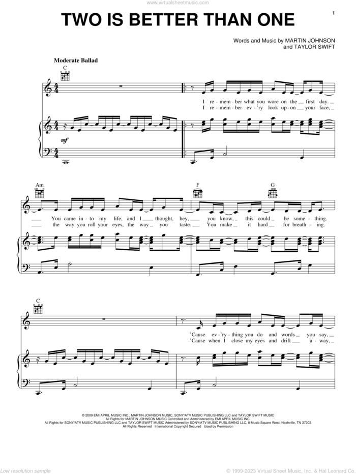Two Is Better Than One sheet music for voice, piano or guitar by Boys Like Girls featuring Taylor Swift, Boys Like Girls, Martin Johnson and Taylor Swift, intermediate skill level
