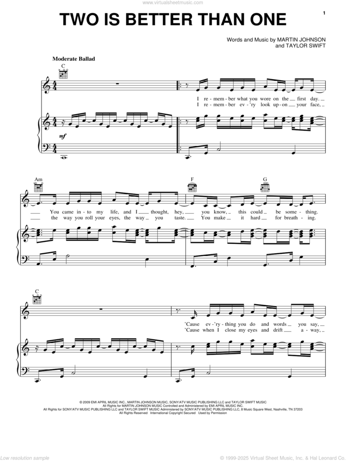 Two Is Better Than One sheet music for voice, piano or guitar by Boys Like Girls featuring Taylor Swift, Boys Like Girls, Martin Johnson and Taylor Swift, intermediate skill level