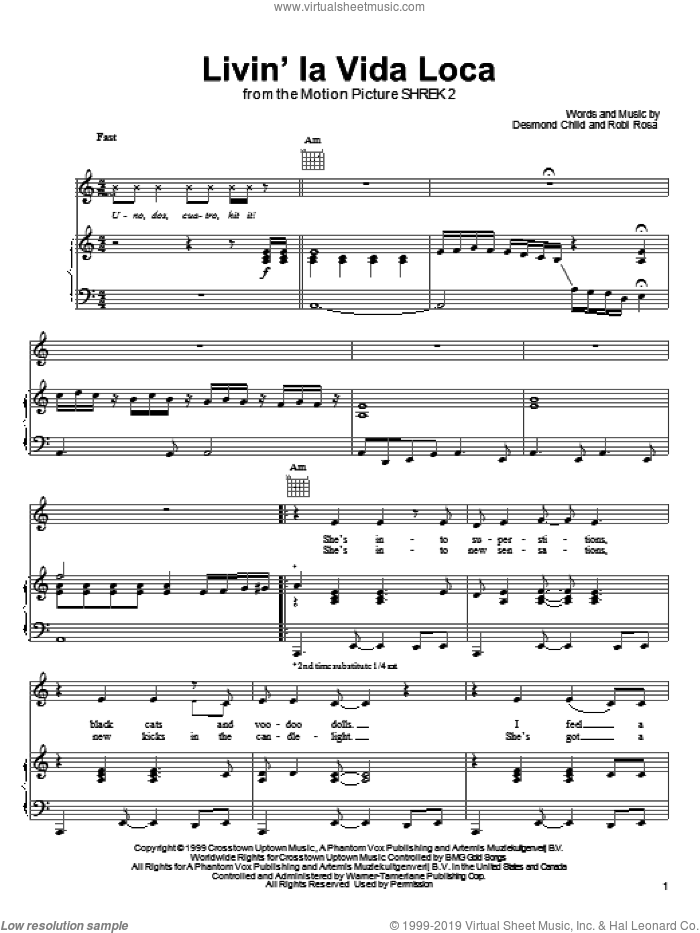 Livin' La Vida Loca sheet music for voice, piano or guitar by Eddie Murphy, Ricky Martin, Shrek 2 (Movie), Desmond Child and Robi Rosa, intermediate skill level