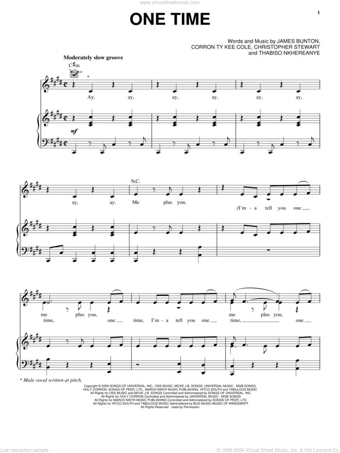 One Time sheet music for voice, piano or guitar by Justin Bieber, Christopher Stewart, Corron Ty Kee Cole, James Bunton and Thabiso Nkhereanye, intermediate skill level