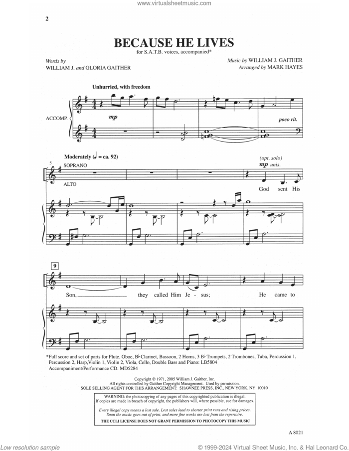Because He Lives (arr. Mark Hayes) sheet music for choir (SATB: soprano, alto, tenor, bass) by Gloria Gaither, Mark Hayes, William & Gloria Gaither and William J. Gaither, intermediate skill level