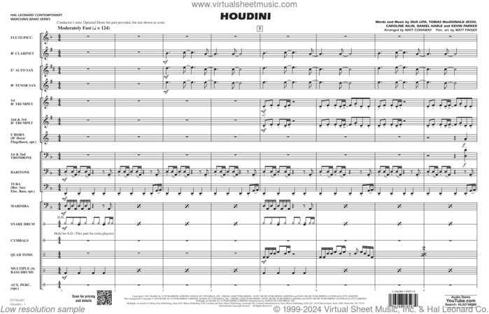 Houdini (arr. Conaway/Finger) sheet music for marching band (full score) by Dua Lipa, Matt Conaway, Matt Finger, Caroline Ailin, Daniel Harle, Kevin Parker and Tobias Macdonald Jesso, intermediate skill level