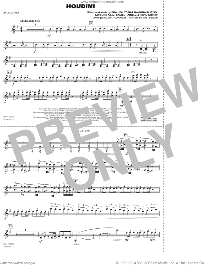 Houdini (arr. Conaway/Finger) sheet music for marching band (Bb clarinet) by Dua Lipa, Matt Conaway, Matt Finger, Caroline Ailin, Daniel Harle, Kevin Parker and Tobias Macdonald Jesso, intermediate skill level