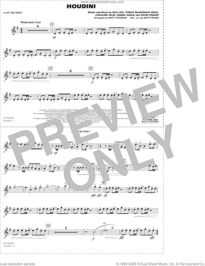 Houdini (arr. Conaway/Finger) sheet music for marching band (1st Bb trumpet) by Dua Lipa, Matt Conaway, Matt Finger, Caroline Ailin, Daniel Harle, Kevin Parker and Tobias Macdonald Jesso, intermediate skill level