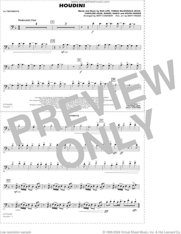 Houdini (arr. Conaway/Finger) sheet music for marching band (1st trombone) by Dua Lipa, Matt Conaway, Matt Finger, Caroline Ailin, Daniel Harle, Kevin Parker and Tobias Macdonald Jesso, intermediate skill level