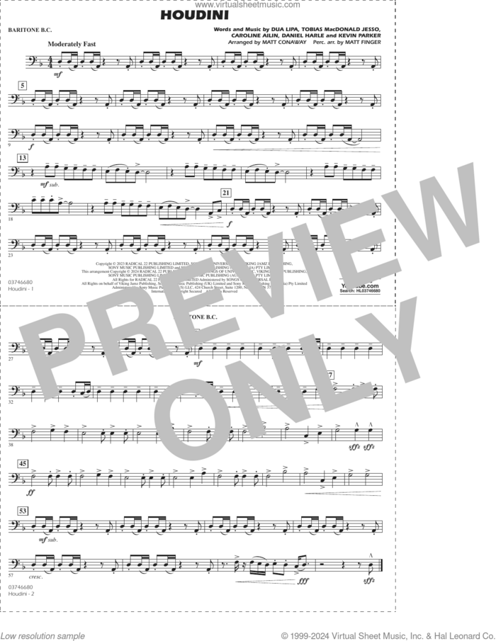 Houdini (arr. Conaway/Finger) sheet music for marching band (baritone b.c.) by Dua Lipa, Matt Conaway, Matt Finger, Caroline Ailin, Daniel Harle, Kevin Parker and Tobias Macdonald Jesso, intermediate skill level