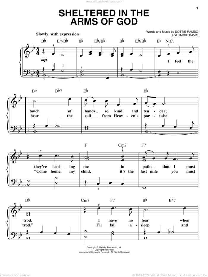 Sheltered In The Arms Of God, (easy) sheet music for piano solo by Dottie Rambo and Jimmie Davis, easy skill level