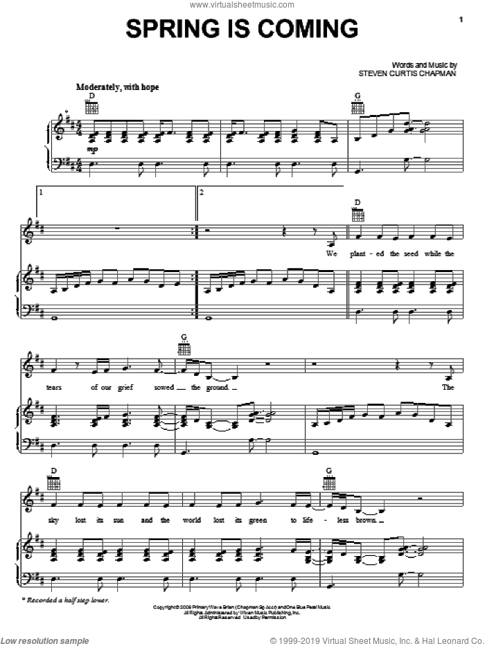 Spring Is Coming sheet music for voice, piano or guitar by Steven Curtis Chapman, intermediate skill level