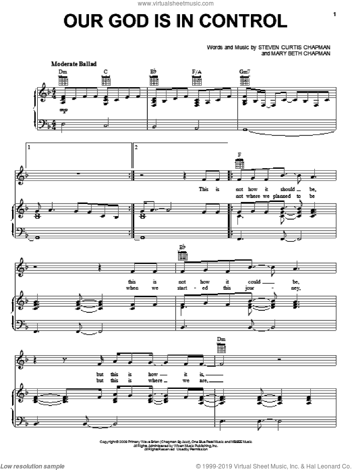 Our God Is In Control sheet music for voice, piano or guitar by Steven Curtis Chapman and Mary Beth Chapman, intermediate skill level