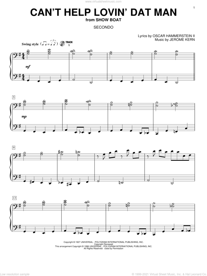 Can't Help Lovin' Dat Man sheet music for piano four hands by Jerome Kern, Show Boat (Musical) and Oscar II Hammerstein, intermediate skill level