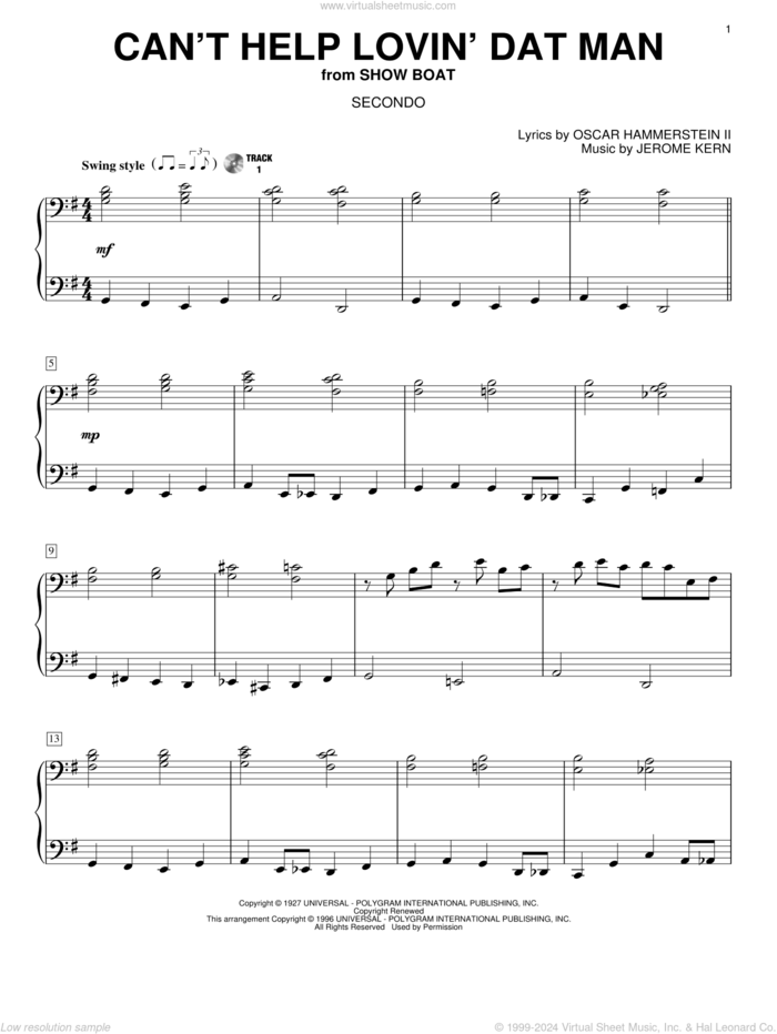 Can't Help Lovin' Dat Man sheet music for piano four hands by Jerome Kern, Show Boat (Musical) and Oscar II Hammerstein, intermediate skill level