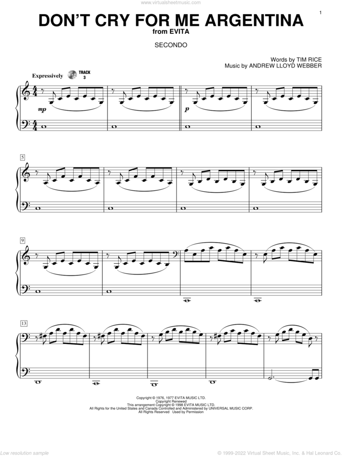 Don't Cry For Me Argentina sheet music for piano four hands by Andrew Lloyd Webber, Evita (Musical) and Tim Rice, intermediate skill level