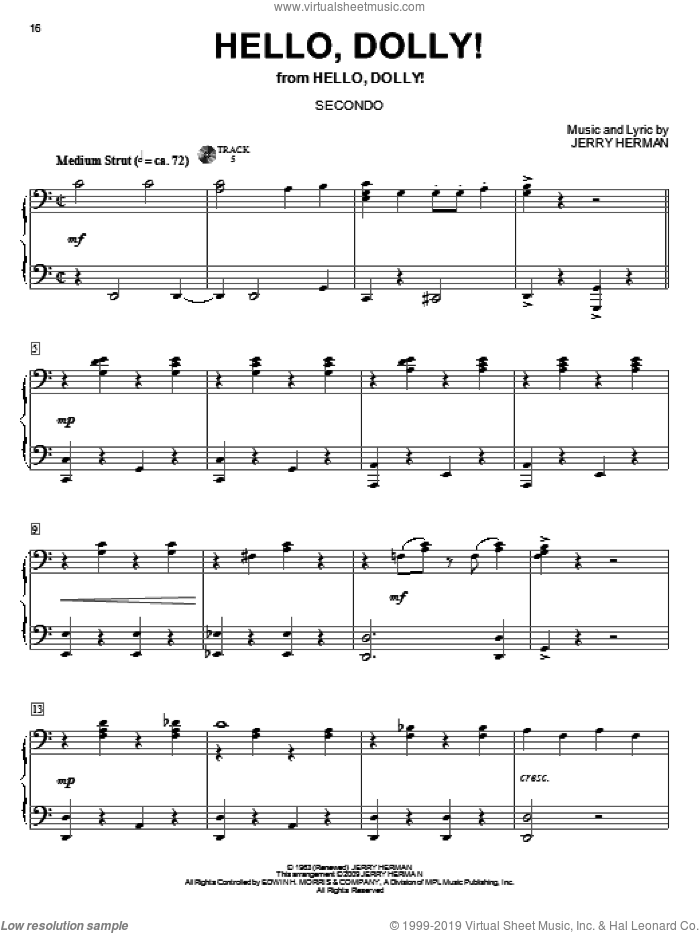 Hello, Dolly! sheet music for piano four hands by Louis Armstrong, Hello, Dolly! (Musical) and Jerry Herman, intermediate skill level