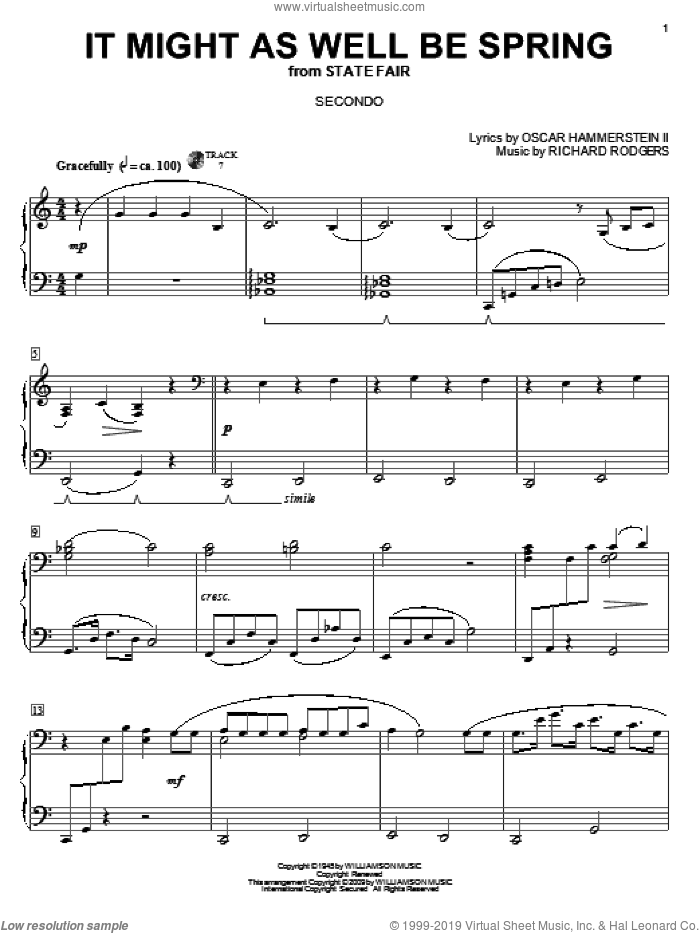 It Might As Well Be Spring sheet music for piano four hands by Rodgers & Hammerstein, State Fair (Musical), Oscar II Hammerstein and Richard Rodgers, intermediate skill level