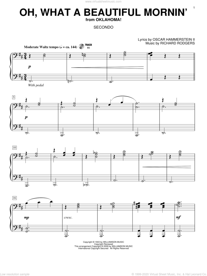 Oh, What A Beautiful Mornin' (from Oklahoma!) sheet music for piano four hands by Rodgers & Hammerstein, Oklahoma! (Musical), Oscar II Hammerstein and Richard Rodgers, intermediate skill level
