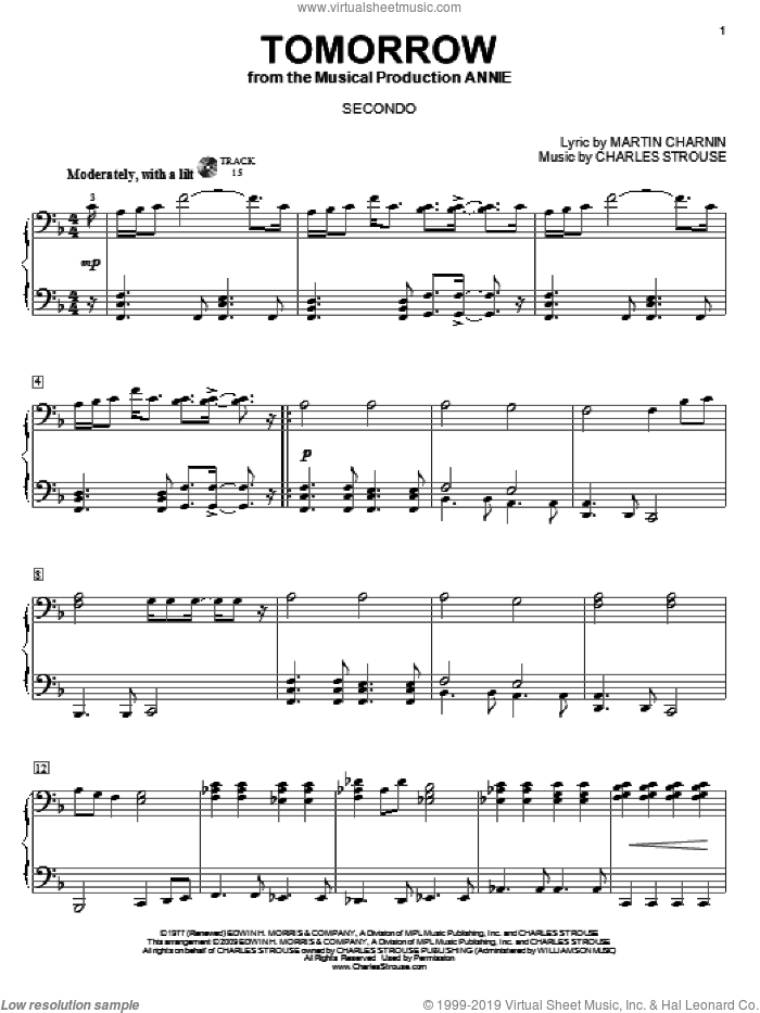Tomorrow sheet music for piano four hands by Charles Strouse, Annie (Musical) and Martin Charnin, intermediate skill level